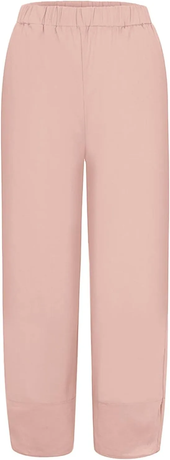 Women's Cotton Linen Summer Split Flowy Pant Trousers High Waist Straight Slim Fit Palazzo Lounge Pants Office