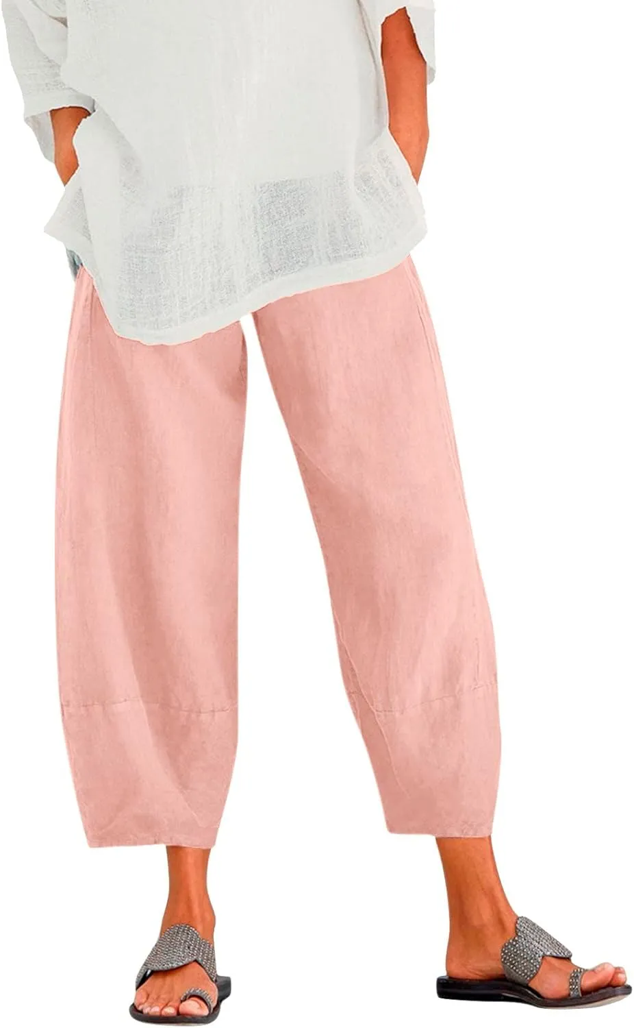 Women's Cotton Linen Summer Split Flowy Pant Trousers High Waist Straight Slim Fit Palazzo Lounge Pants Office