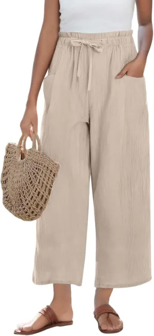 Women's Cropped Linen Wide Leg Pants Solid Color High Waist Drawstring Casual Summer Beach Trousers with Pockets 2025