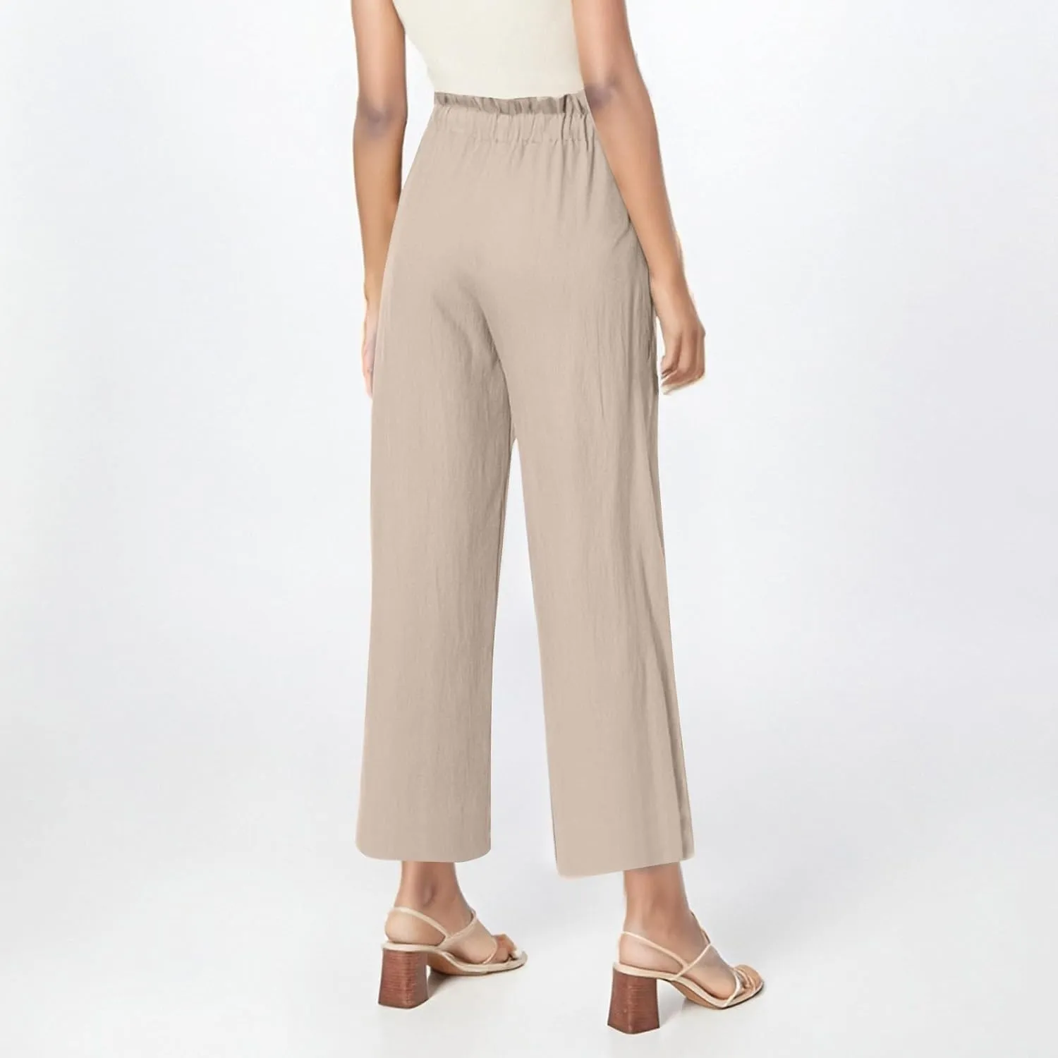 Women's Cropped Linen Wide Leg Pants Solid Color High Waist Drawstring Casual Summer Beach Trousers with Pockets 2025