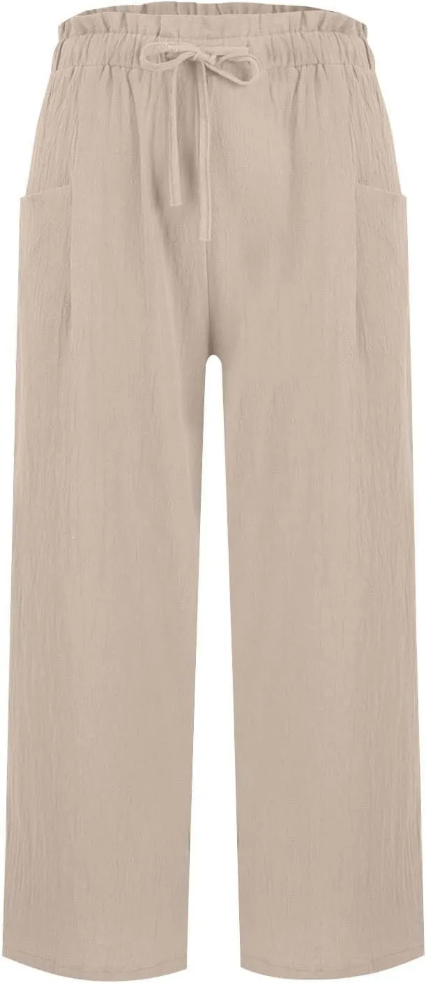 Women's Cropped Linen Wide Leg Pants Solid Color High Waist Drawstring Casual Summer Beach Trousers with Pockets 2025