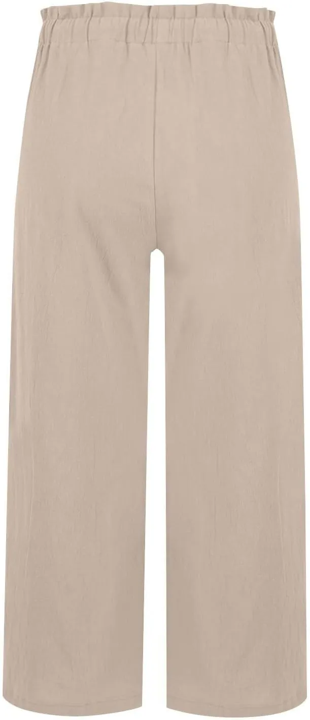 Women's Cropped Linen Wide Leg Pants Solid Color High Waist Drawstring Casual Summer Beach Trousers with Pockets 2025