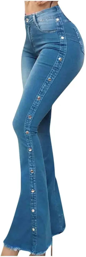 Womens Denim Pants Trendy High Waisted Washed Distressed Jeans Vintage Bootcut Stretchy Flared Pants 70s Disco Outfit