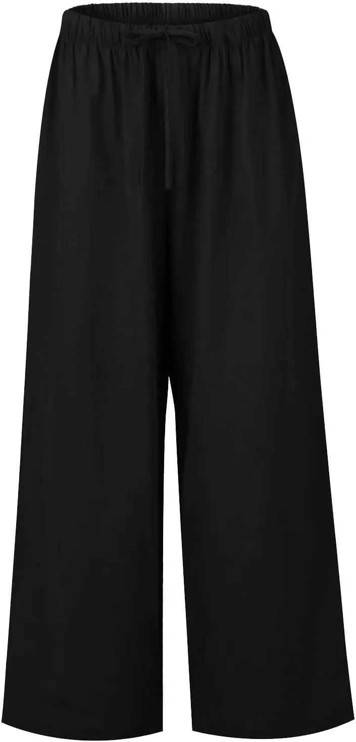 Womens Drawstring Elastic Waist Casual Wide Leg Trousers Cotton Linen Flowy Vacation Beach Palazzo Pants with Pockets