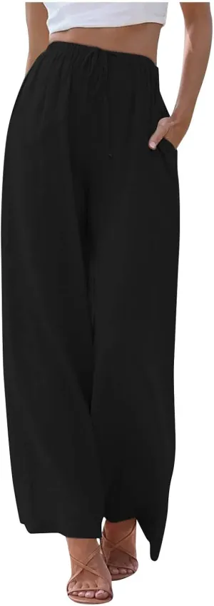 Womens Drawstring Elastic Waist Casual Wide Leg Trousers Cotton Linen Flowy Vacation Beach Palazzo Pants with Pockets
