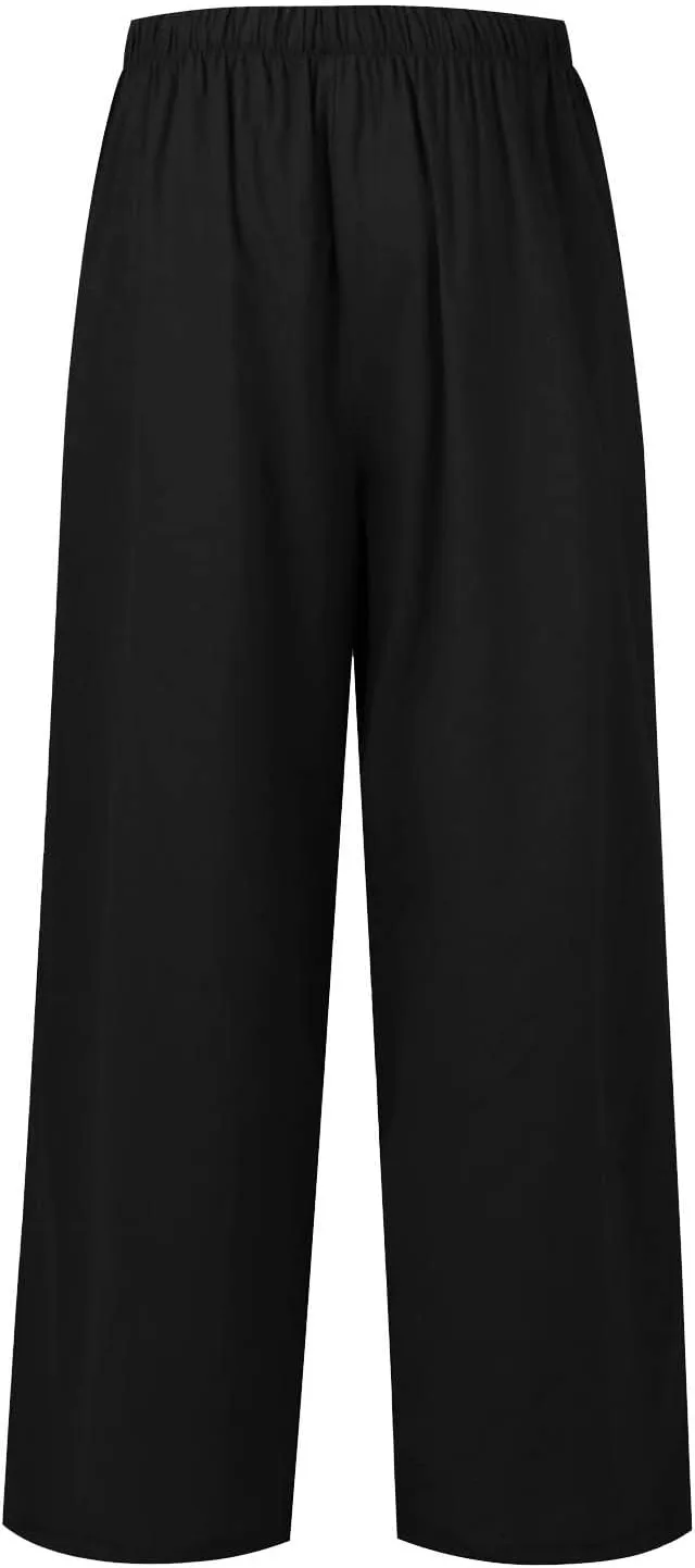 Womens Drawstring Elastic Waist Casual Wide Leg Trousers Cotton Linen Flowy Vacation Beach Palazzo Pants with Pockets