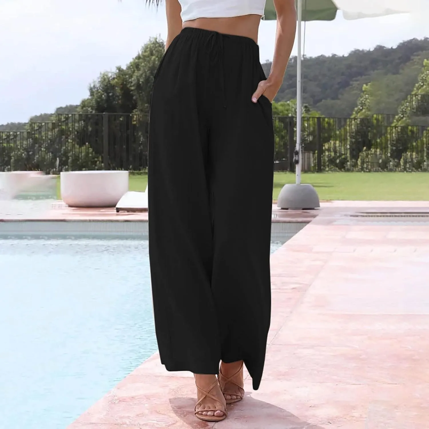 Womens Drawstring Elastic Waist Casual Wide Leg Trousers Cotton Linen Flowy Vacation Beach Palazzo Pants with Pockets