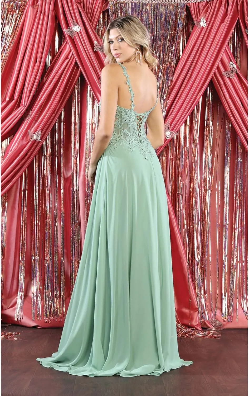 Women's Embroidered V-Neck Corset A-Line Chiffon High Slit Evening Dress