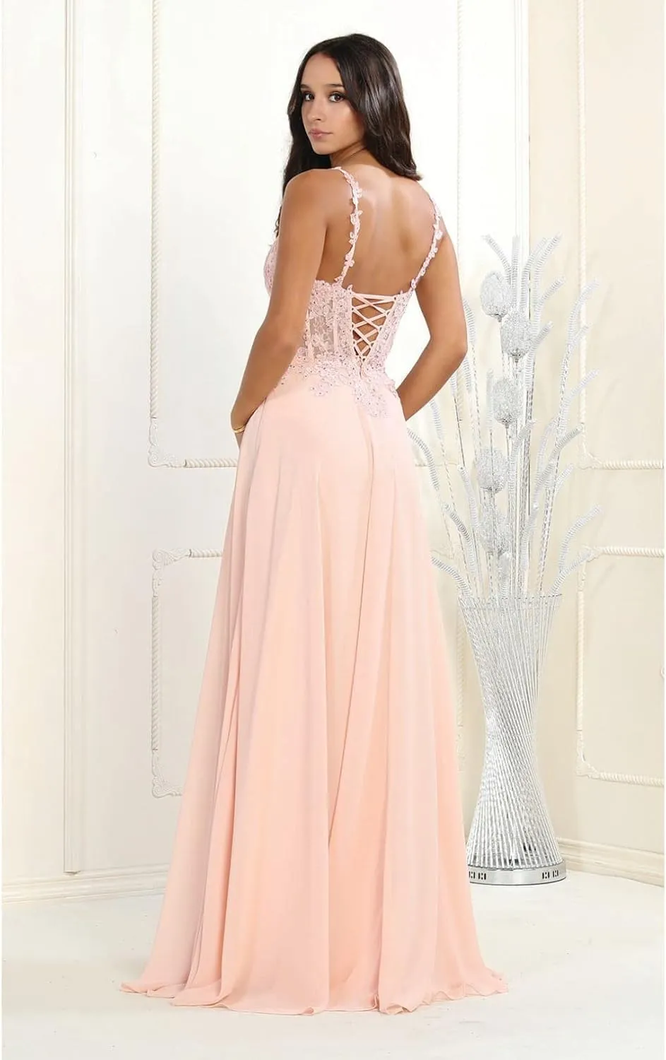Women's Embroidered V-Neck Corset A-Line Chiffon High Slit Evening Dress