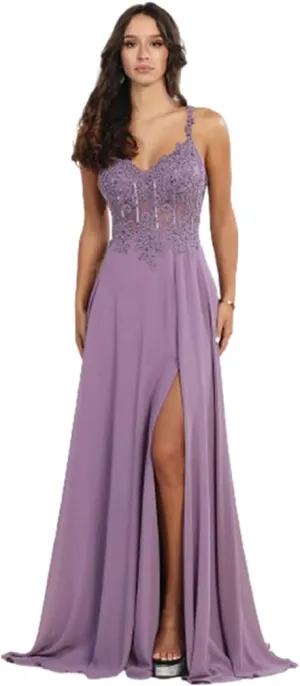 Women's Embroidered V-Neck Corset A-Line Chiffon High Slit Evening Dress
