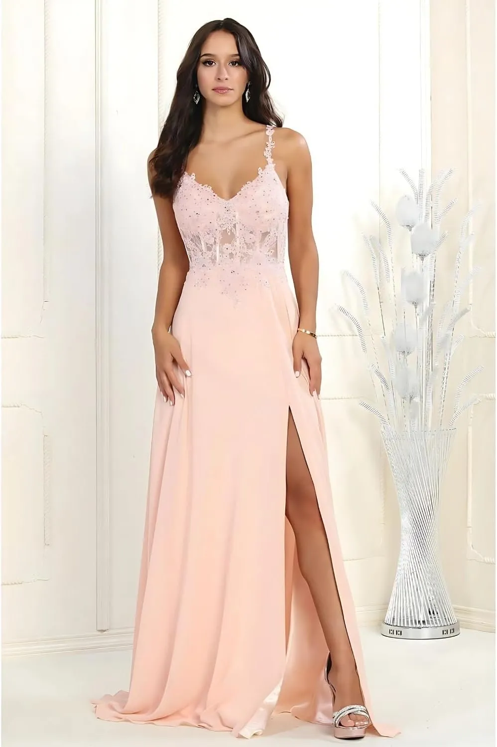 Women's Embroidered V-Neck Corset A-Line Chiffon High Slit Evening Dress