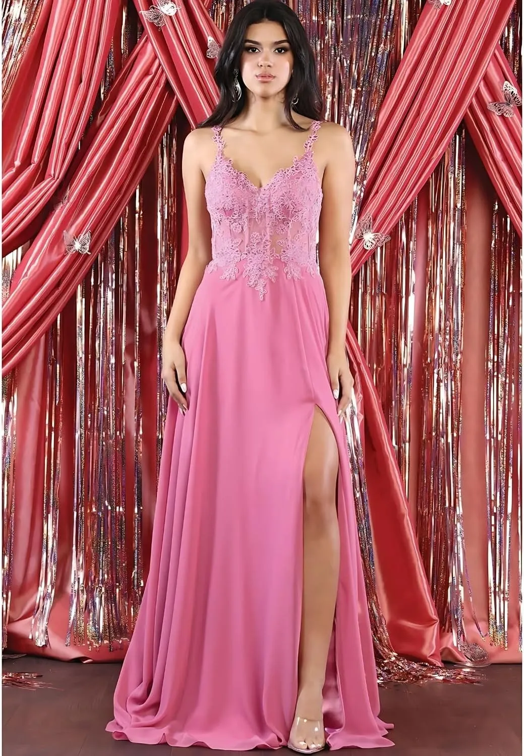 Women's Embroidered V-Neck Corset A-Line Chiffon High Slit Evening Dress