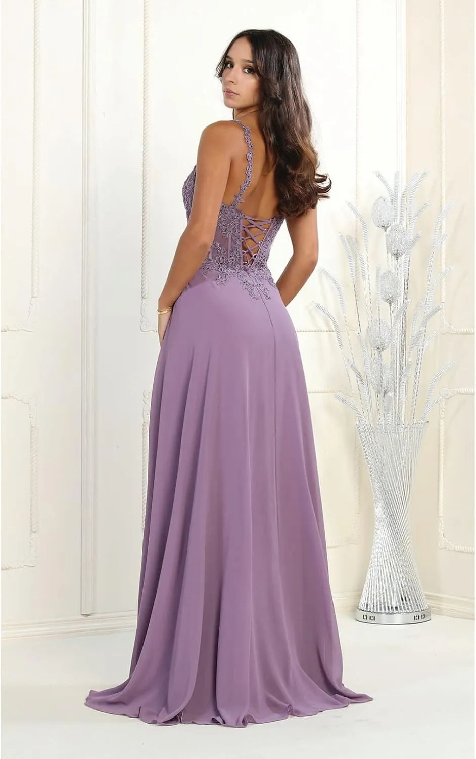 Women's Embroidered V-Neck Corset A-Line Chiffon High Slit Evening Dress