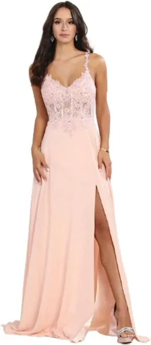 Women's Embroidered V-Neck Corset A-Line Chiffon High Slit Evening Dress