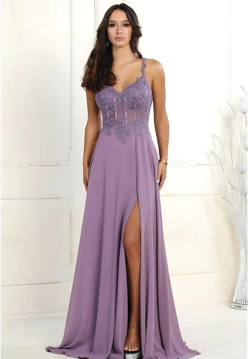 Women's Embroidered V-Neck Corset A-Line Chiffon High Slit Evening Dress