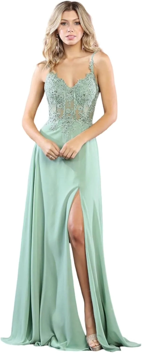 Women's Embroidered V-Neck Corset A-Line Chiffon High Slit Evening Dress