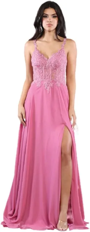 Women's Embroidered V-Neck Corset A-Line Chiffon High Slit Evening Dress