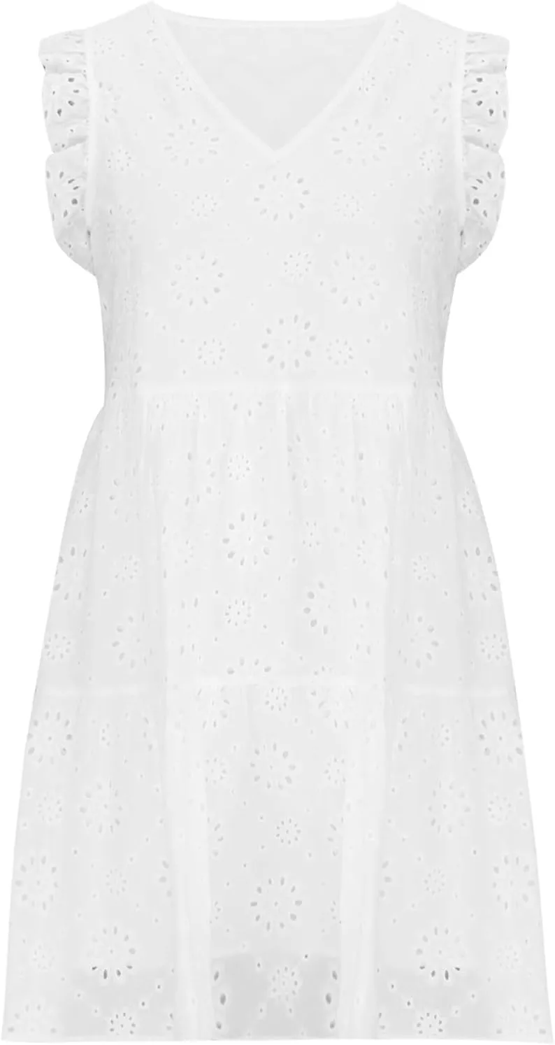 Womens Fashion 2024 Summer Dresses Crochet Swiss Dot Ruffle Mini Dress Flowy Soft Cotton Dressy Loose Beach Boho Dress