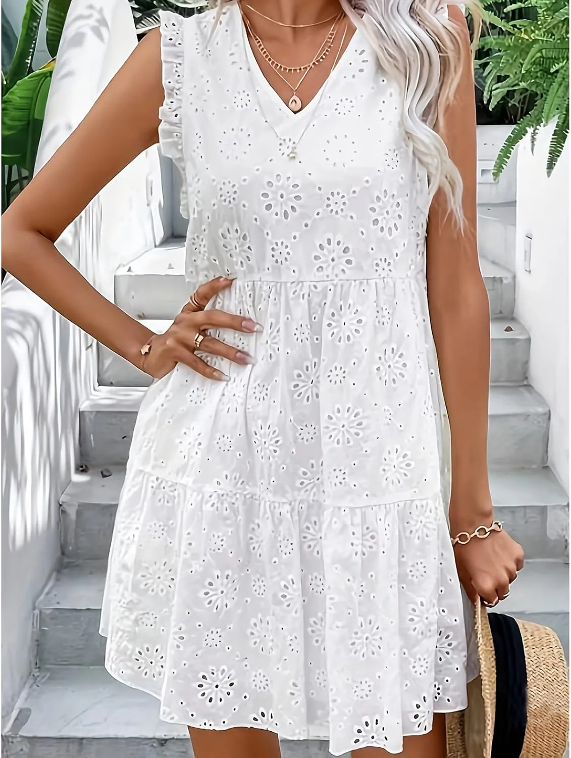 Womens Fashion 2024 Summer Dresses Crochet Swiss Dot Ruffle Mini Dress Flowy Soft Cotton Dressy Loose Beach Boho Dress