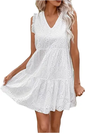 Womens Fashion 2024 Summer Dresses Crochet Swiss Dot Ruffle Mini Dress Flowy Soft Cotton Dressy Loose Beach Boho Dress
