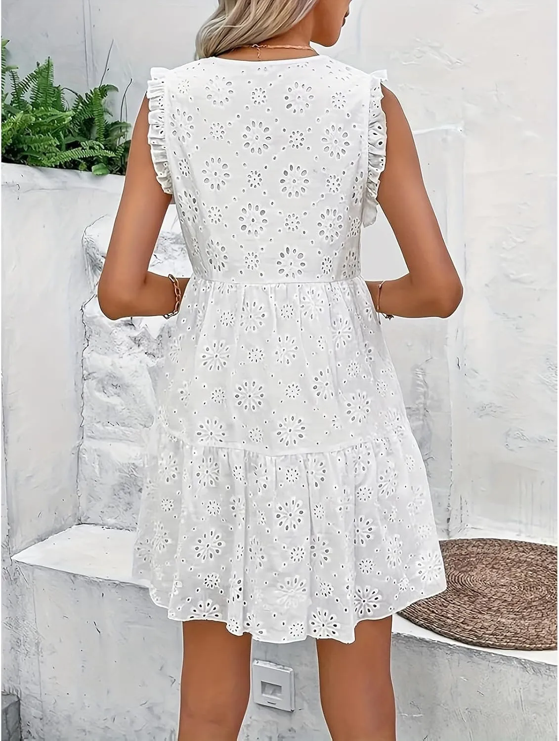 Womens Fashion 2024 Summer Dresses Crochet Swiss Dot Ruffle Mini Dress Flowy Soft Cotton Dressy Loose Beach Boho Dress
