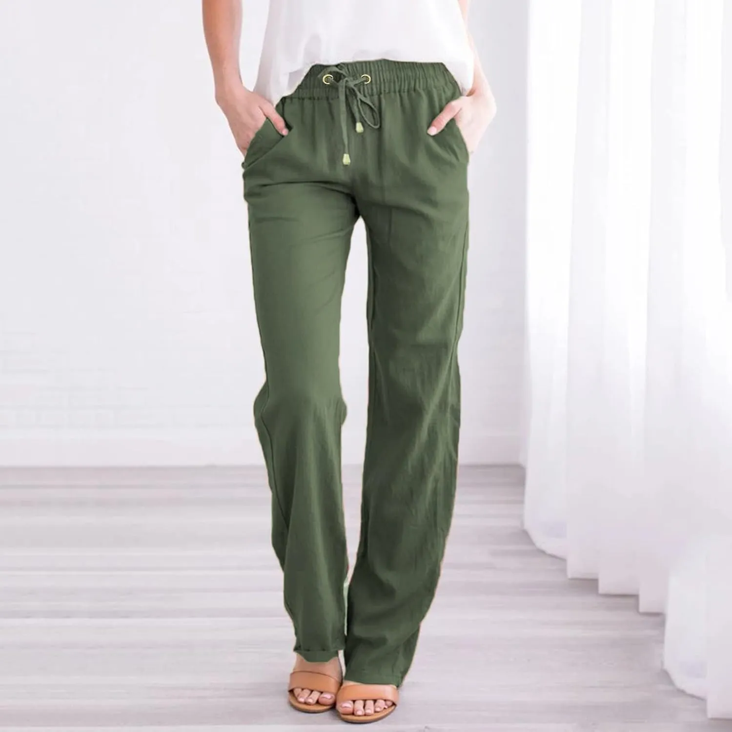 Women's Fleece Lined Pants Winter Flowing Beach Leggings with Pockets Barrel Pants Fleece Lined