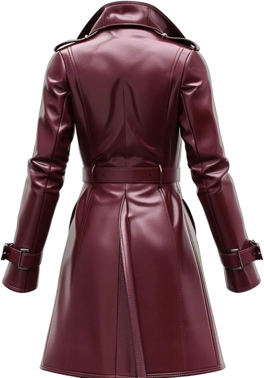 Women's Genuine Leather Stylish Trench Coat - Tailored Fit Belted Outerwear For Burgundy Leather Jacket