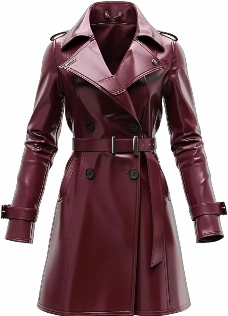 Women's Genuine Leather Stylish Trench Coat - Tailored Fit Belted Outerwear For Burgundy Leather Jacket