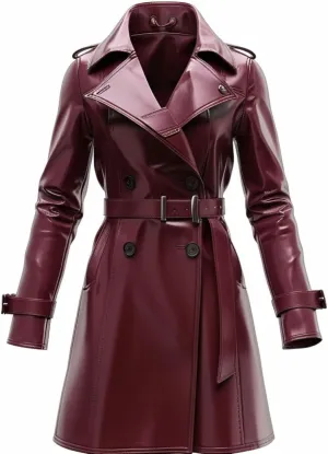 Women's Genuine Leather Stylish Trench Coat - Tailored Fit Belted Outerwear For Burgundy Leather Jacket