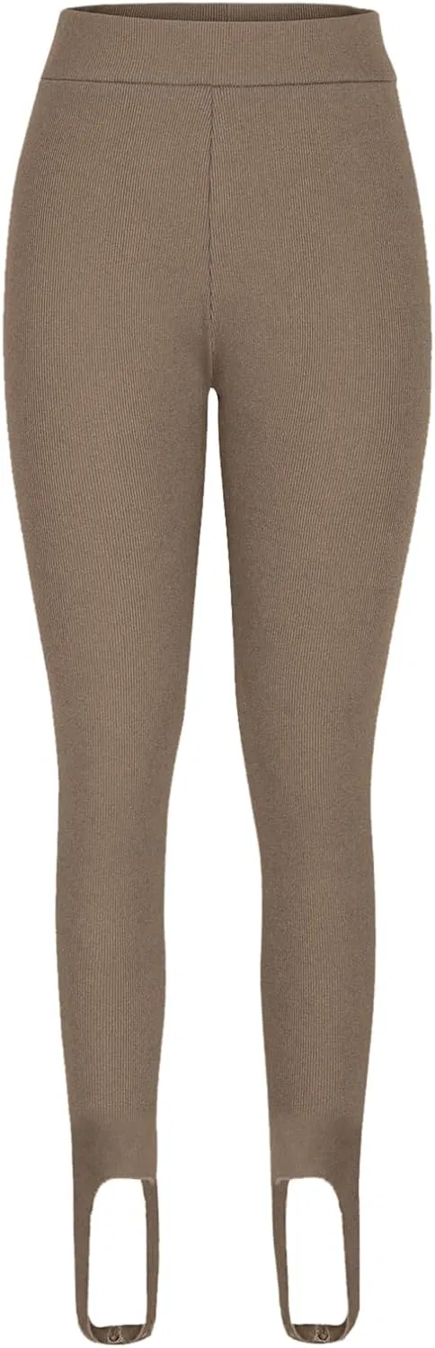 Women's High Waist Knit Yoga Stirrup Leggings Trendy Tummy Control Stretch Gym Trouser Workout Running Tights Pants