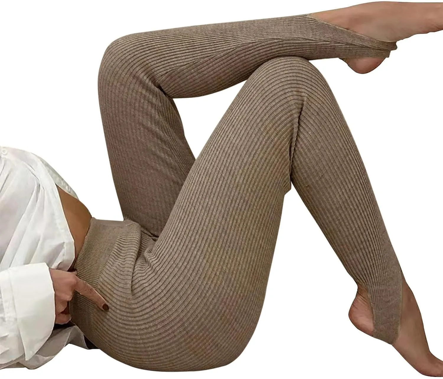 Women's High Waist Knit Yoga Stirrup Leggings Trendy Tummy Control Stretch Gym Trouser Workout Running Tights Pants