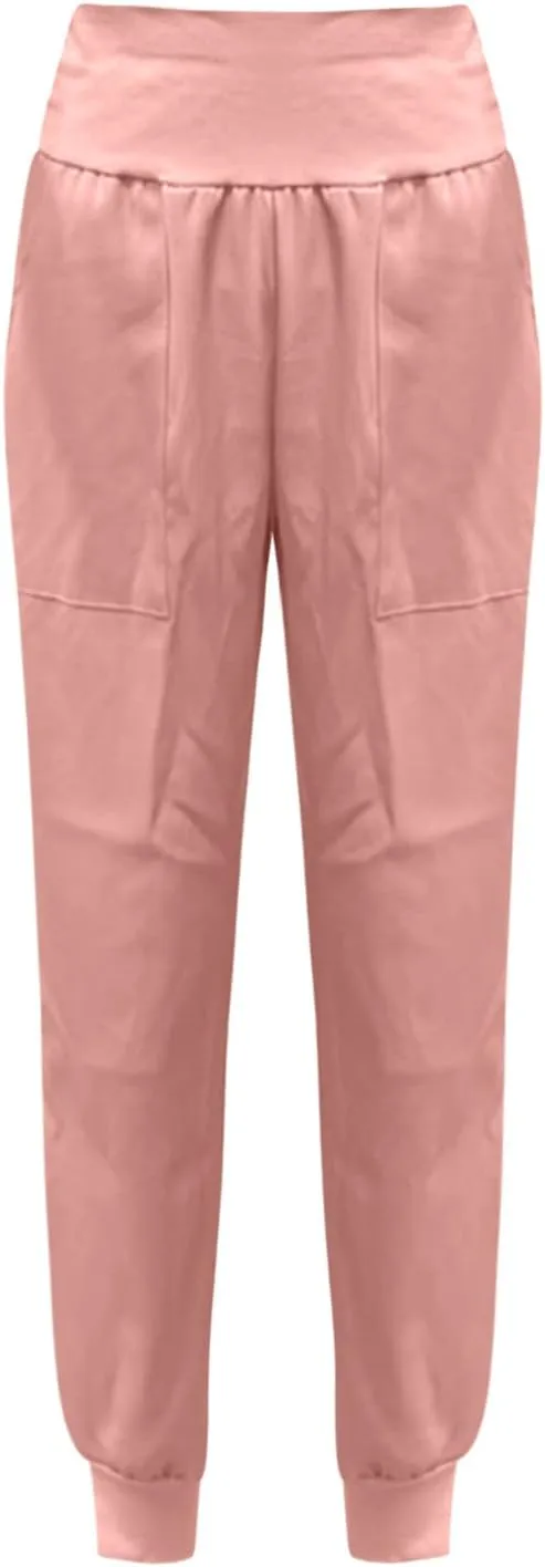 Womens High Waistband Pants Elastic Smocked Waist Side Slit Cinched Bottom Trousers Lightweight Joggers Hiking Tapered Pants