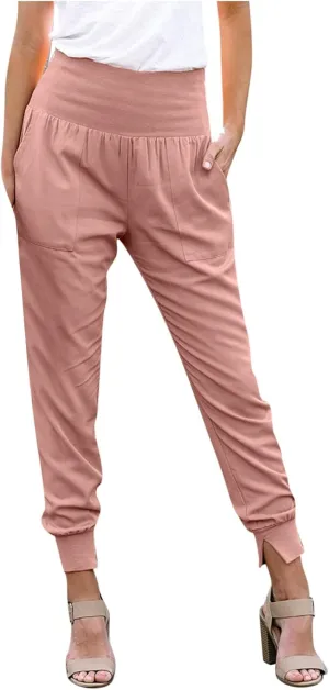 Womens High Waistband Pants Elastic Smocked Waist Side Slit Cinched Bottom Trousers Lightweight Joggers Hiking Tapered Pants