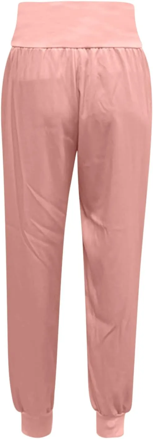Womens High Waistband Pants Elastic Smocked Waist Side Slit Cinched Bottom Trousers Lightweight Joggers Hiking Tapered Pants