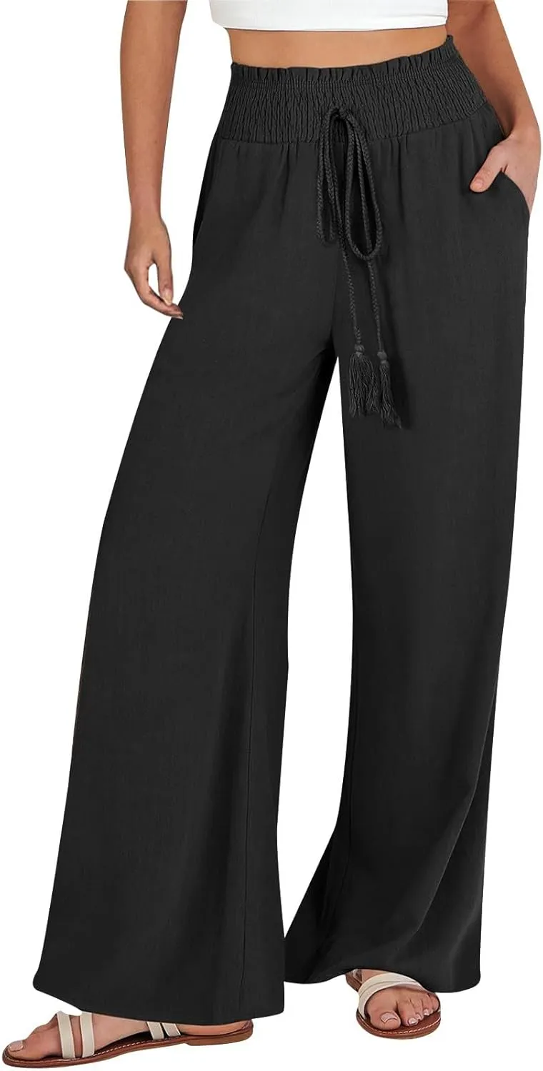 Women's Linen Blend Summer Lightweigt Pant Trousers Elastic Waisted Wide Leg Slim-Fit Pants Beach