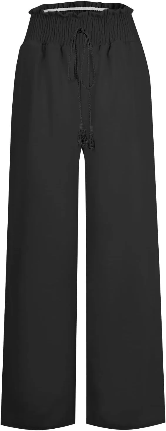 Women's Linen Blend Summer Lightweigt Pant Trousers Elastic Waisted Wide Leg Slim-Fit Pants Beach