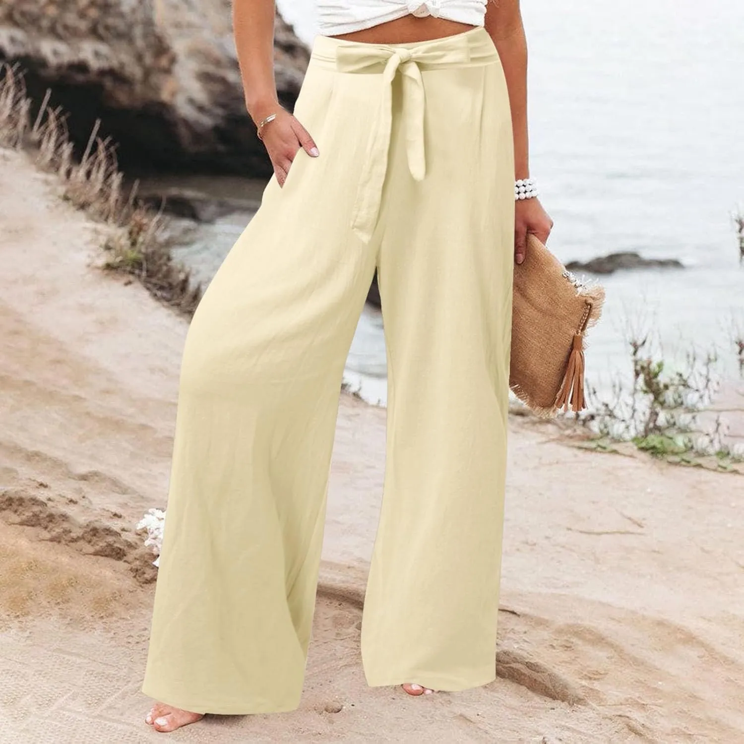 Womens Linen Blend Summer Print Palazzo Pants Low Waist Wide Leg Slim-Fit Trousers Vacation