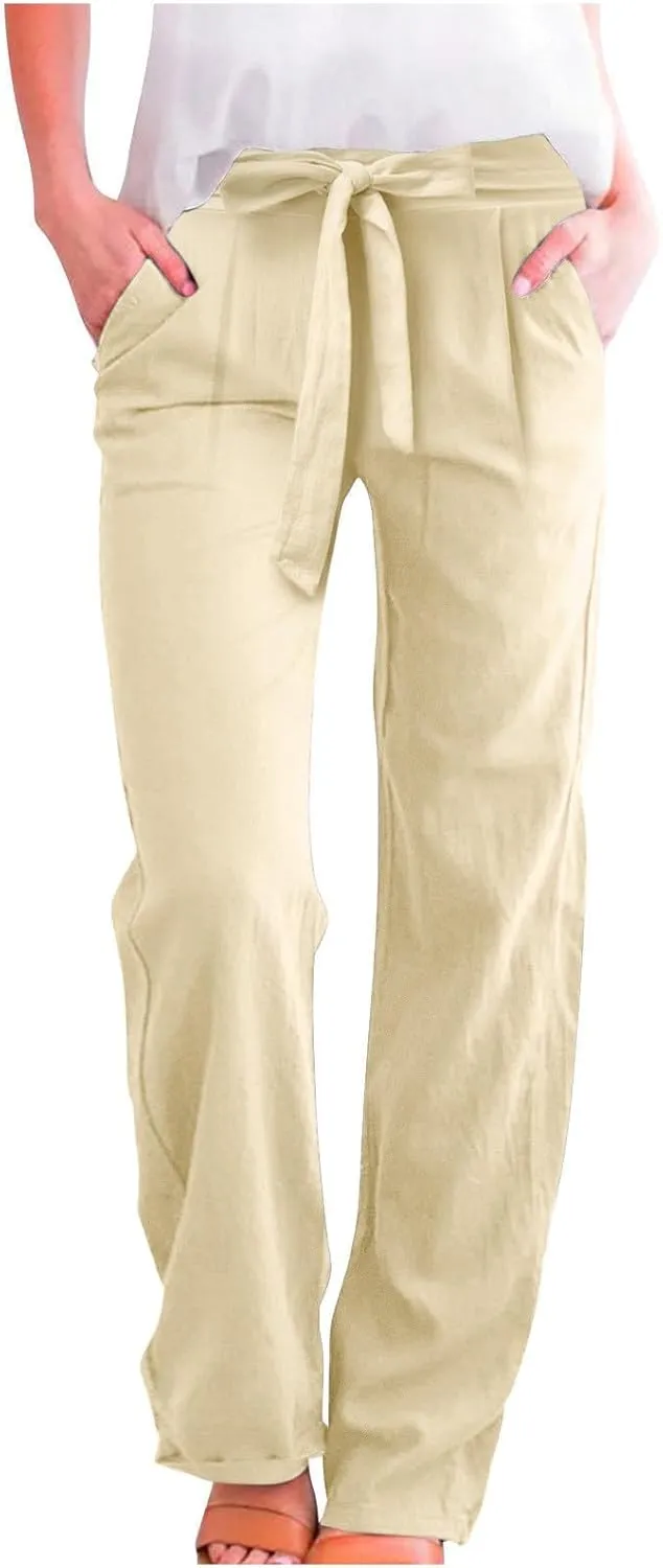 Womens Linen Blend Summer Print Palazzo Pants Low Waist Wide Leg Slim-Fit Trousers Vacation