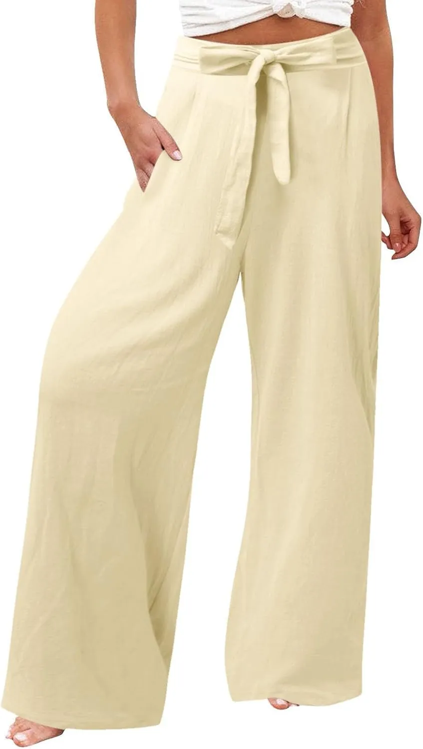 Womens Linen Blend Summer Print Palazzo Pants Low Waist Wide Leg Slim-Fit Trousers Vacation