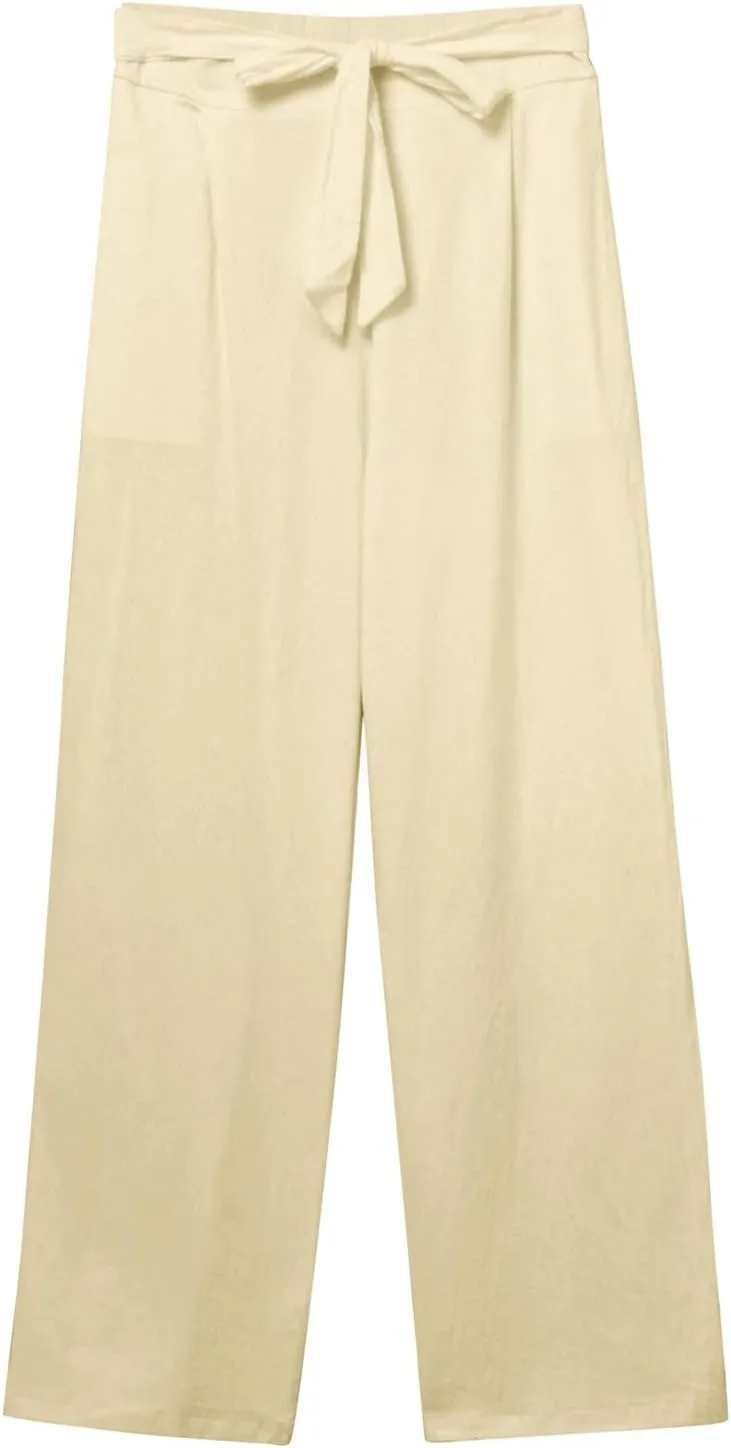 Womens Linen Blend Summer Print Palazzo Pants Low Waist Wide Leg Slim-Fit Trousers Vacation