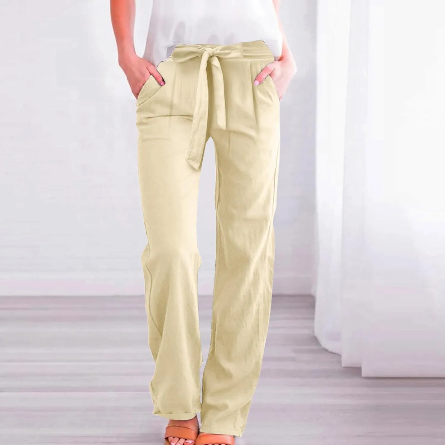 Womens Linen Blend Summer Print Palazzo Pants Low Waist Wide Leg Slim-Fit Trousers Vacation
