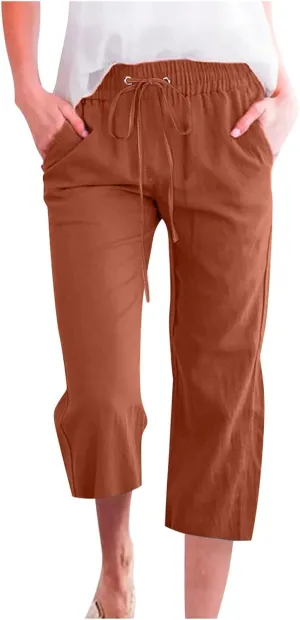 Womens Linen Blend Summer Striped Palazzo Lounge Pants High Waist Straight Plus Size Trousers Office