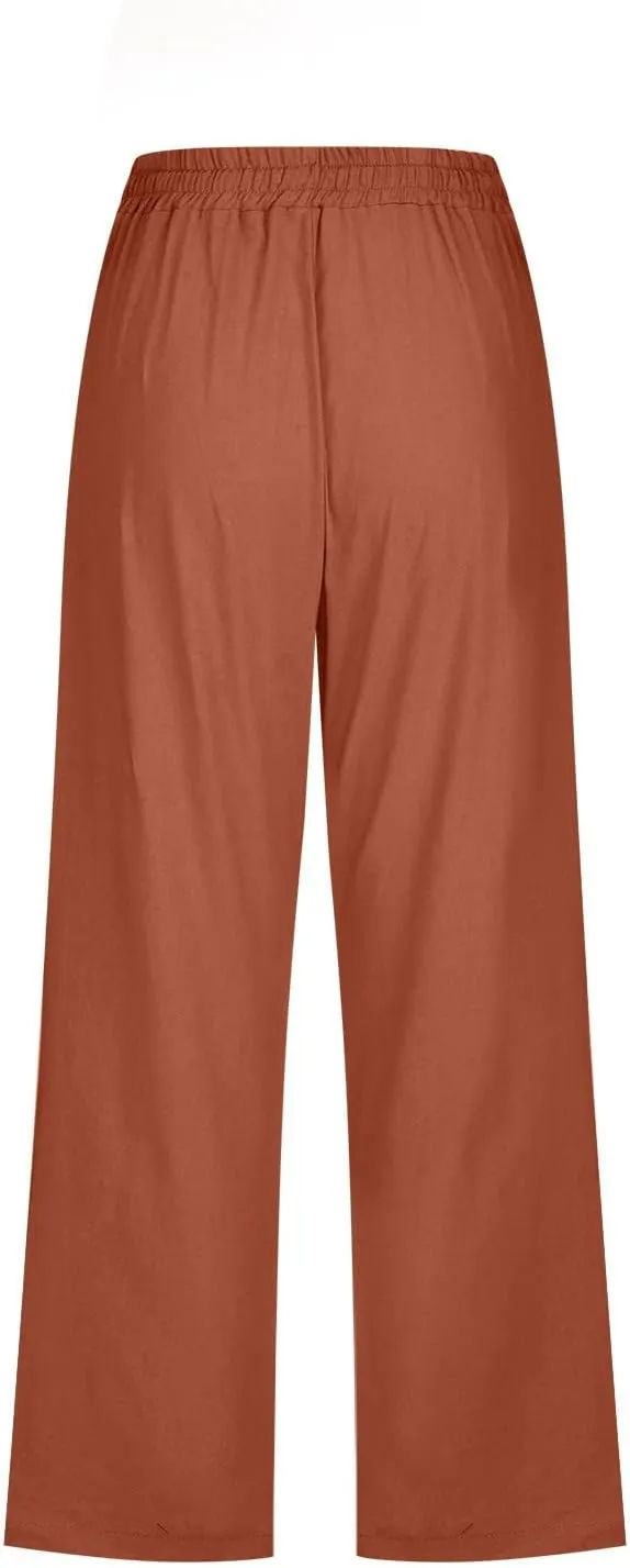 Womens Linen Blend Summer Striped Palazzo Lounge Pants High Waist Straight Plus Size Trousers Office