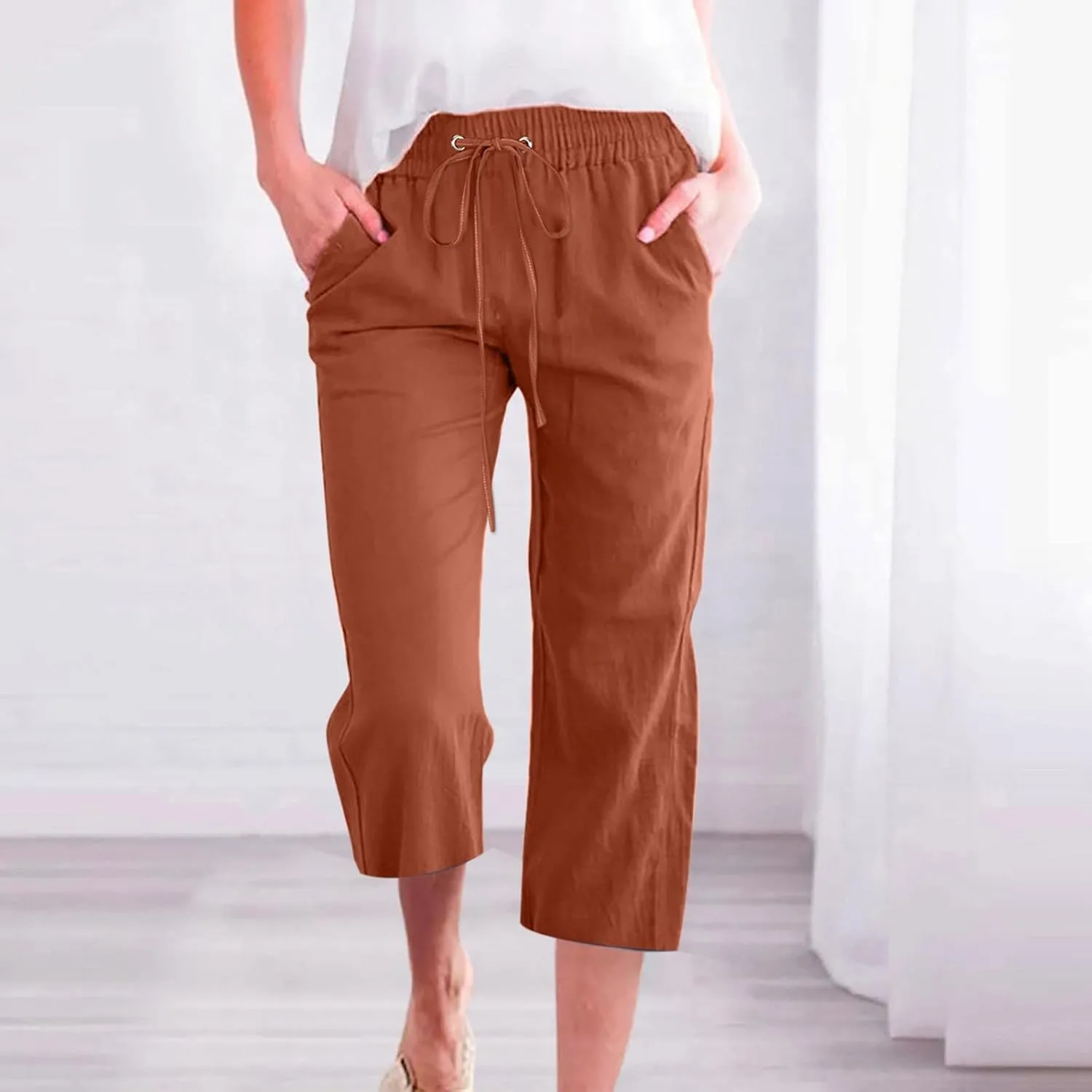 Womens Linen Blend Summer Striped Palazzo Lounge Pants High Waist Straight Plus Size Trousers Office