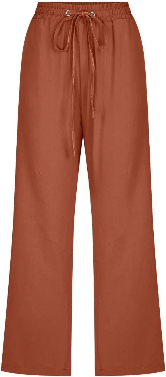 Womens Linen Blend Summer Striped Palazzo Lounge Pants High Waist Straight Plus Size Trousers Office