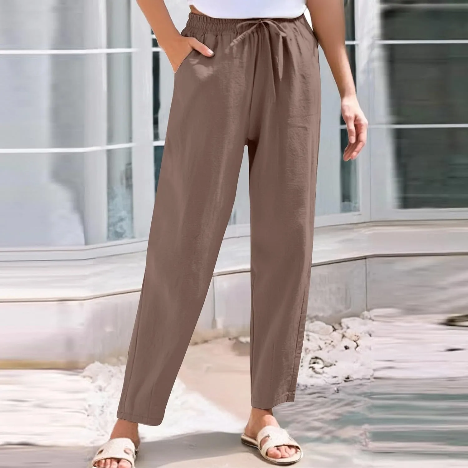 Women's Linen Capris Drawstring High Waisted Wide Leg Casual Beach Pants Summer Lounge Cropped Trousers with Pockets
