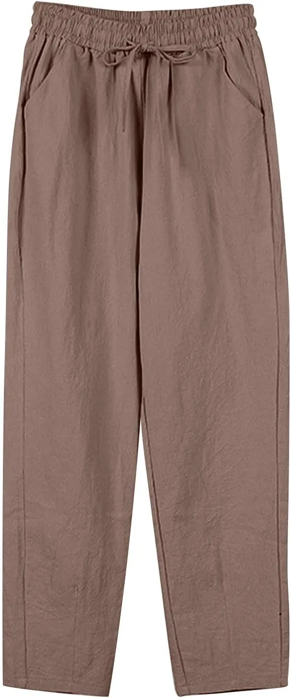 Women's Linen Capris Drawstring High Waisted Wide Leg Casual Beach Pants Summer Lounge Cropped Trousers with Pockets
