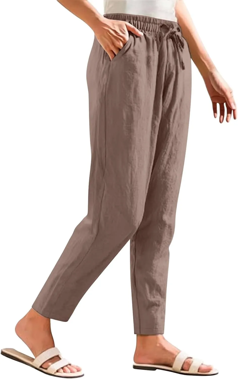 Women's Linen Capris Drawstring High Waisted Wide Leg Casual Beach Pants Summer Lounge Cropped Trousers with Pockets