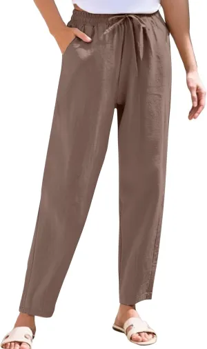 Women's Linen Capris Drawstring High Waisted Wide Leg Casual Beach Pants Summer Lounge Cropped Trousers with Pockets