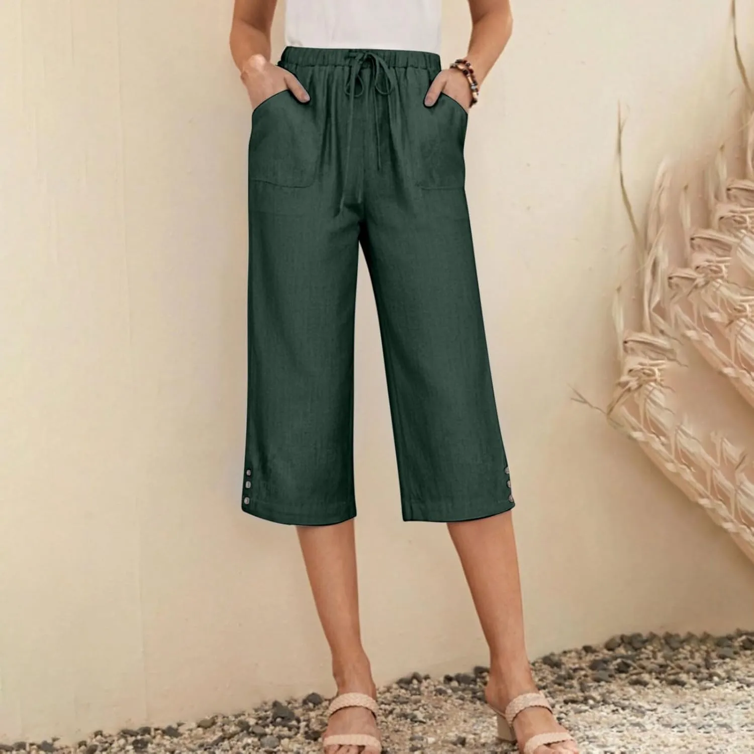 Womens Linen Palazzo Capris 2025 Trendy Causal Loose Drawstring Cropped Pants Beach Travel Vacation Crop Trousers
